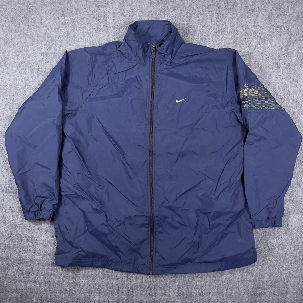 Y2K Nike Windbreaker Jacket Mens Large Navy Blue Mesh Sleeve Logo Full Zip